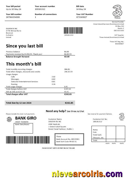 Ireland Three.ie business utility bill